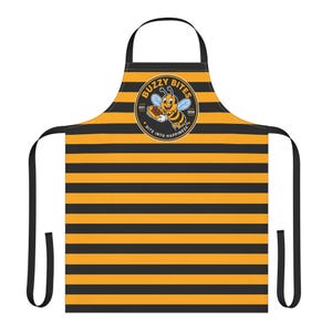 Buzzy Bites Bee Logo Apron with patch  | Black & Yellow Striped Kitchen Apron food truck ravioli rossford toledo ohio