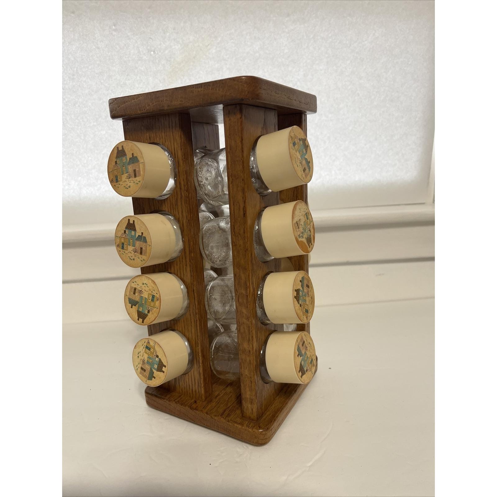 VTG HTF International Heartland Spice Rack 16 Glasses Plastic Cap Wood ...