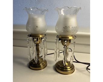 Pair Of Vintage Brass Boudoir Lamp w/Prisms and Etched Frosted Shade Tested