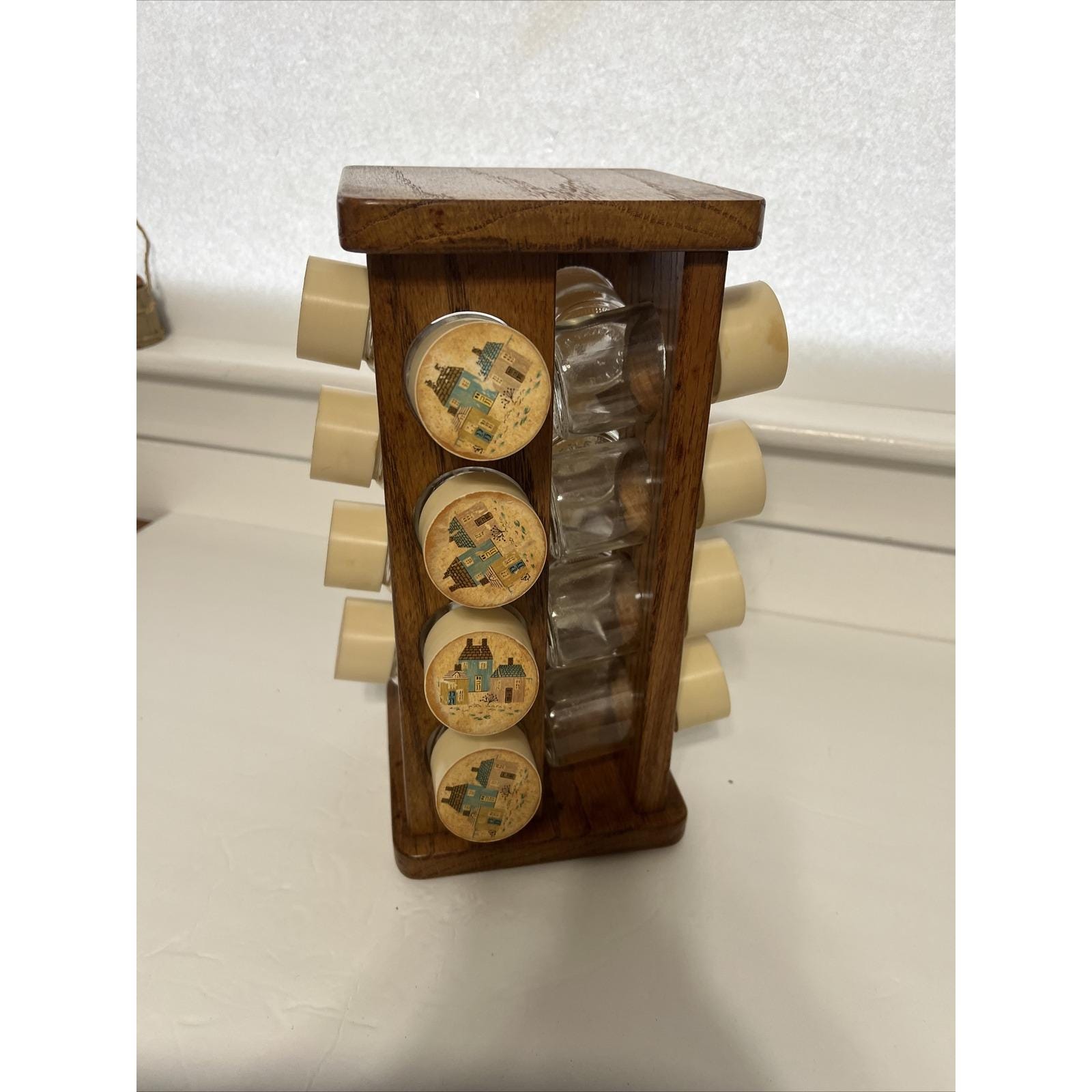 VTG HTF International Heartland Spice Rack 16 Glasses Plastic Cap Wood ...