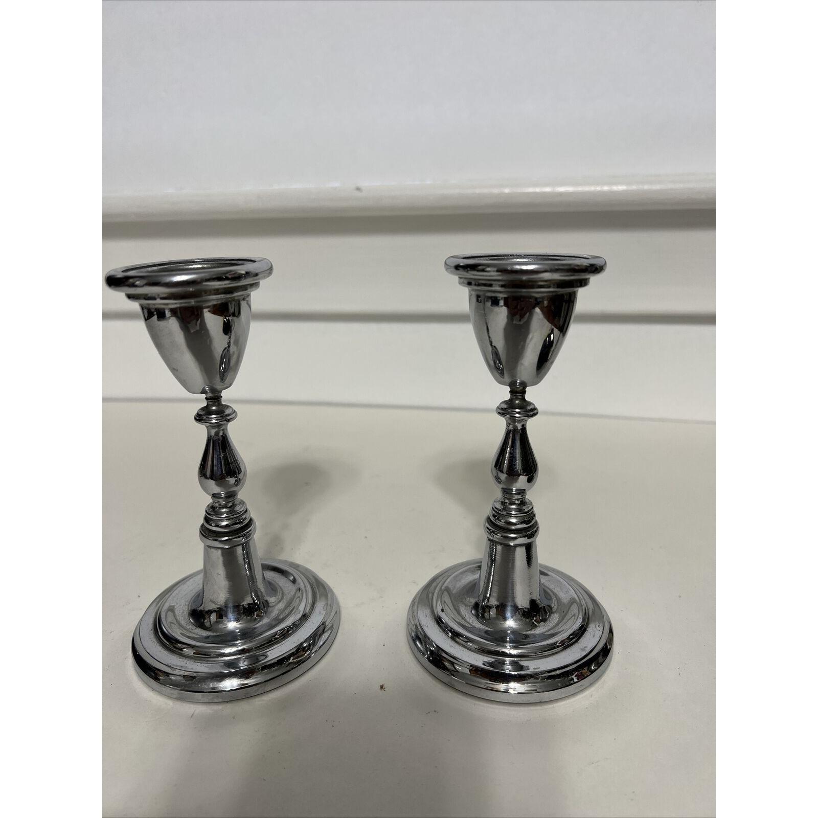 Vintage Pair   Heavy Candlestick Taper Candle Holder Set With Brass Bottom 5.5”