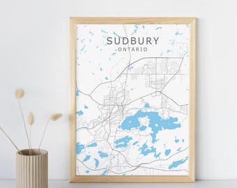 Sudbury Map Print, Minimalist Style, Blue and White (Multiple Sizes)