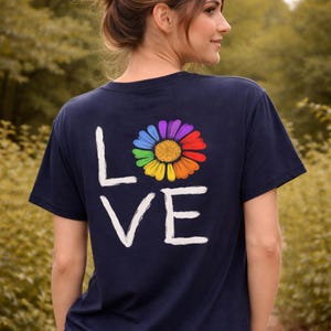 Pride Rainbow Flag Daisy LOVE T-Shirt | Graphic Bakcprint Tee, LGBTQ Queer Flower Design