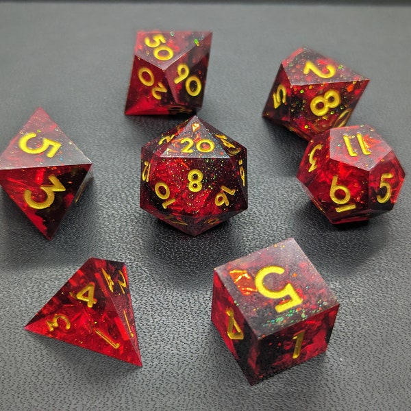 Dragons Fury DnD Dice Set, Handmade Resin Sharp Edge D&D Dice Set for Dungeons and Dragons, Polyhedral Dice Set Red Black Dice Set