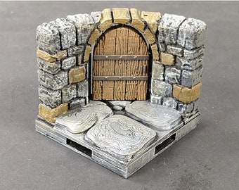 Dungeon Stone Curved Wall Door Modular Gaming Tiles with Magnetic Bases - 3D Printed PLA Terrain for Dungeons and Dragons - DIY Paintable