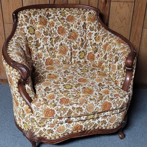 Oversized stuffed unique rare carved wood Bergere style antique chair