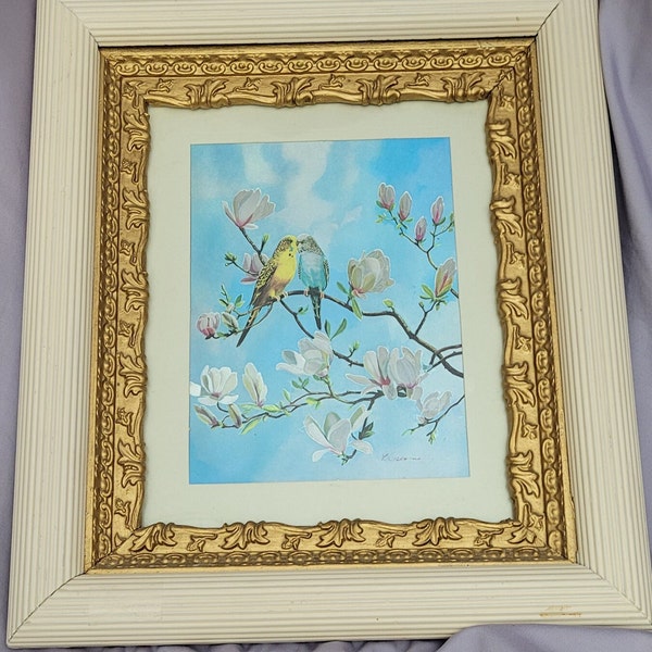 Vintage Framed Parakeet Foil Art Budgerigar Birds In Magnolia Signed F. Osborne In Vintage Ornate Wood Frame