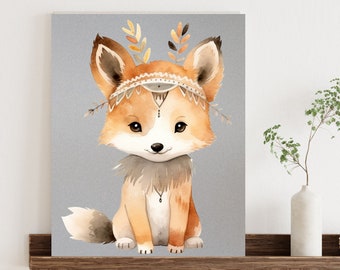 Baby Nursery Wall Art, Woodland Animals, Forest Wall Art, Adorable Watercolor Baby Fox Canvas Print, Nursery Decor, Baby Shower Decor