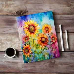 May include: Watercolor painting of a cluster of sunflowers in various shades of yellow and orange against a colorful background of blue, purple, and green.