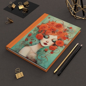 Notebook, Hardcover Lined Pages, Enchanting Elegance: A Watercolor Portrait of a Woman Adorned with Roses, Stationery