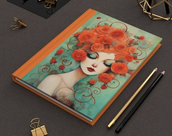 Notebook, Hardcover Lined Pages, Enchanting Elegance: A Watercolor Portrait of a Woman Adorned with Roses, Stationery