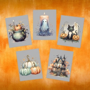 May include: Set of five Halloween-themed illustrations featuring a cauldron with pumpkins, a ghost emerging from a candle, a black cat with pumpkins, a house with bats, and three pumpkins.