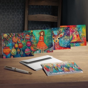 Levendig gekleurde kerstkaarten, set van 5 met enveloppen