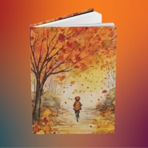 May include: A watercolor painting of a person riding a bicycle down a path lined with trees. The trees have orange, yellow, and red leaves. The path is covered in fallen leaves.