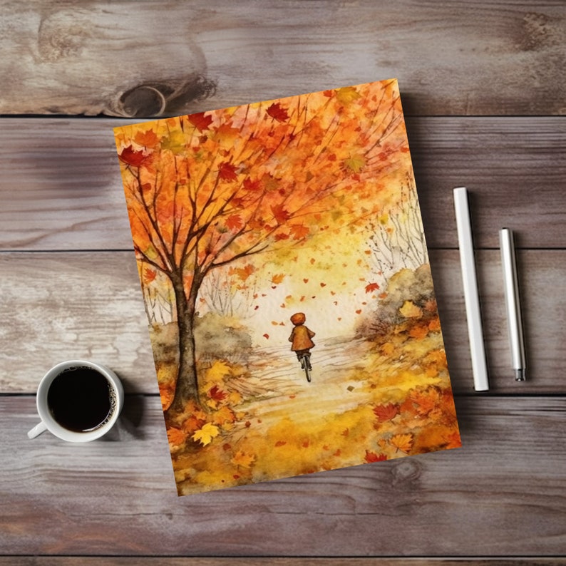 May include: Watercolor painting of a child riding a bicycle down a path lined with trees. The leaves on the trees are a mix of orange, yellow, and red, and there are fallen leaves on the ground.