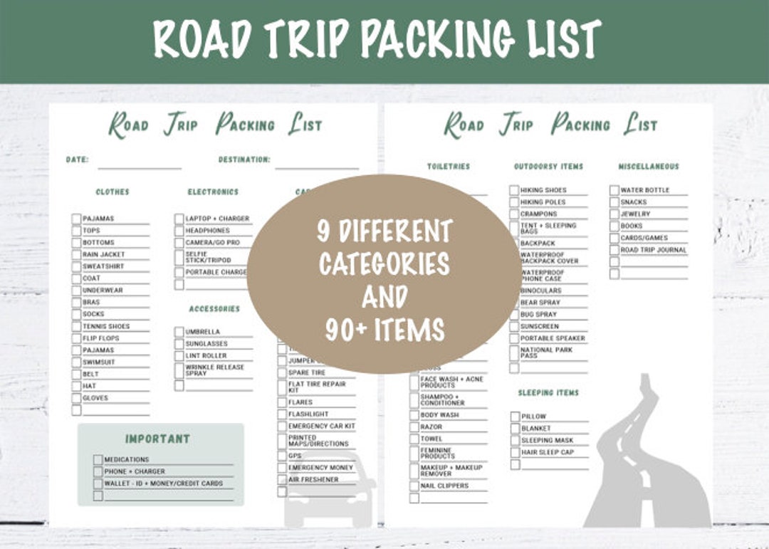 Road Trip Packing List - Printable PDF - Etsy