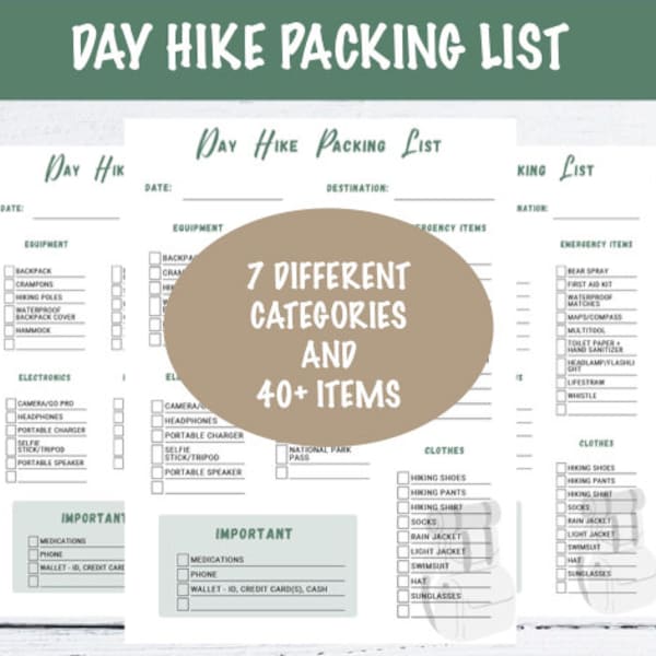 Day Hike Packing List - Printable PDF