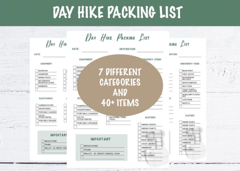 Day Hike Packing List Printable PDF Etsy