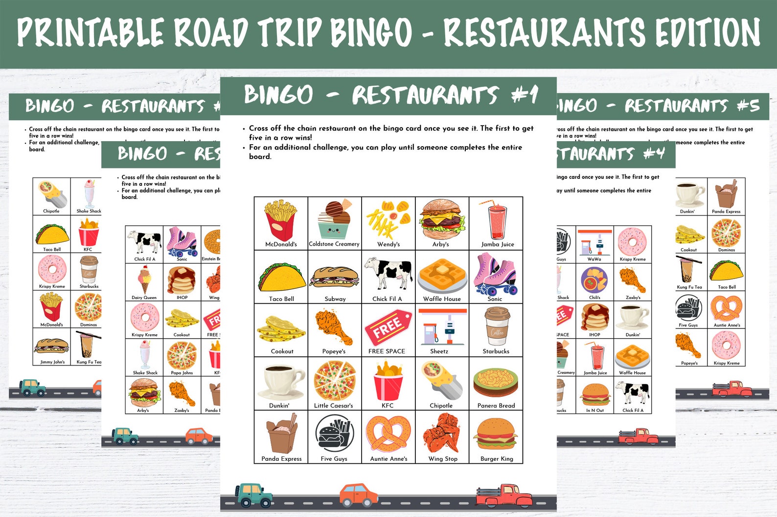 Printable Road Trip Bingo Cards - Restaurants Edition - Etsy
