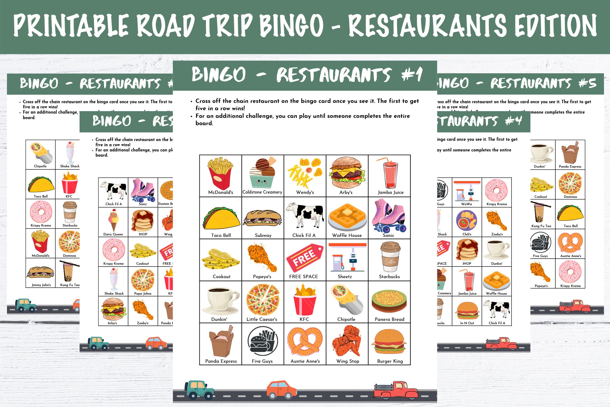 Printable Road Trip Bingo Cards - Restaurants Edition - Etsy