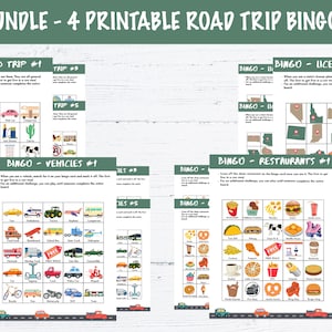 Bundel - Afdrukbare bingokaarten - Roadtrip, voertuigen, restaurants, kentekenplaten