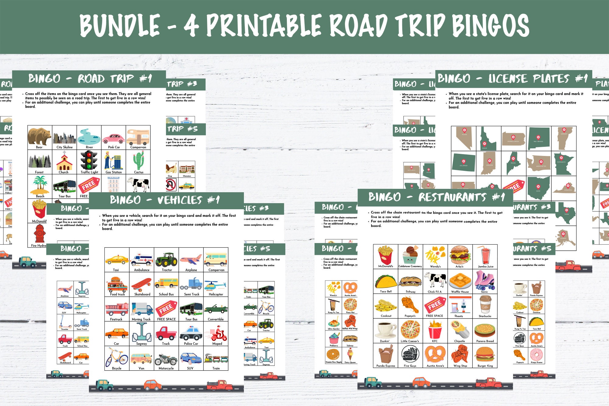 Bundle - Printable Bingo Cards - Road Trip, Vehicles, Restaurants ...