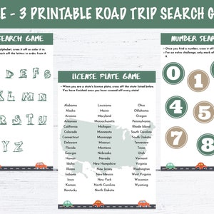 Bundel van 3 afdrukbare Road Trip-zoekspellen - alfabet, kenteken, nummer
