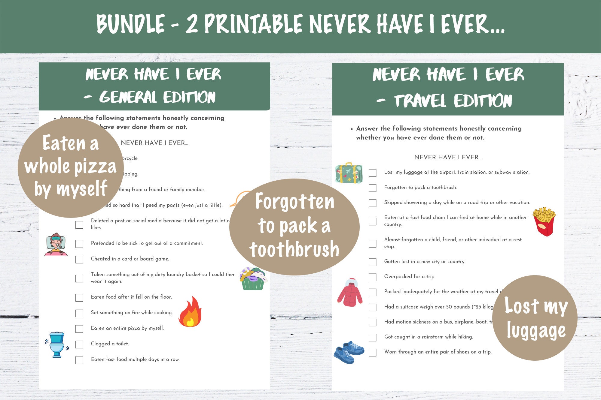 Bundle - 2 Printable Never Have I Ever... - General and Travel Edition ...
