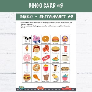 Printable Road Trip Bingo Cards - Restaurants Edition - Etsy