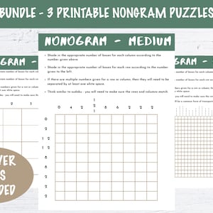 Bundle - 3 Printable Nonogram Puzzles - Easy, Medium, Hard