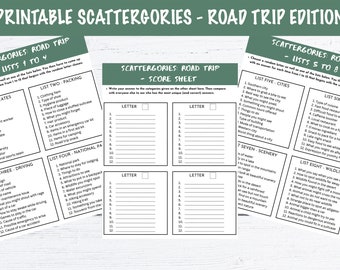 May include: Printable Scattergories game sheet for a road trip themed game. The sheet has four columns with the letters A through L listed down the side. Each column has a list of categories such as "States", "Packing", "National Parks", "Driving", "Cities", "Food", "Scenery", and "Wildlife".