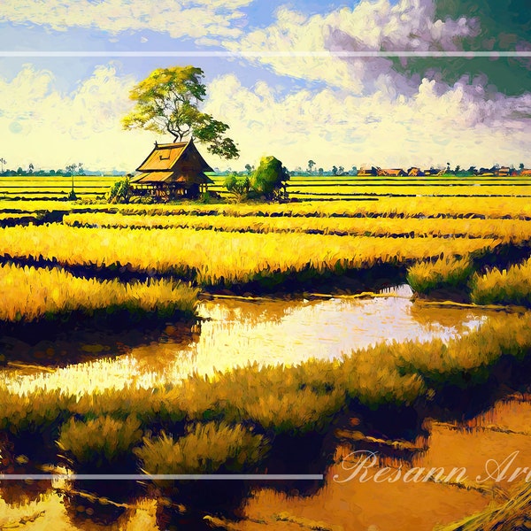 Rice Paddy Meadow,printable download,artistic style of Jan Vermeer,Baroque,Landscape,classic,canvas printable,wall print,art,download