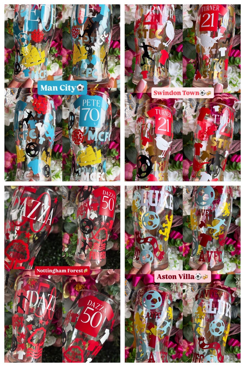 May include: A collection of clear pint glasses with colorful football-themed designs. Each glass features team logos, player silhouettes, and text, including "Man City", "Swindon Town", "Nottingham Forest", and "Aston Villa".