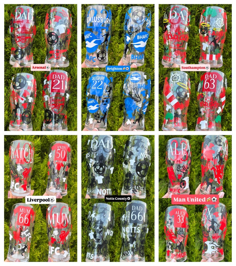 May include: A collection of clear pint glasses with various designs. Some glasses feature team names like Arsenal, Brighton, Southampton, Liverpool, Notts County, and Man United, along with names and numbers. The glasses have red, blue, and black accents.
