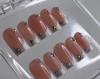 French tips with Gems | Hand-painted Press on Nails UK | White French Tips | Customised Nails | Reusable Nails | Set of 10