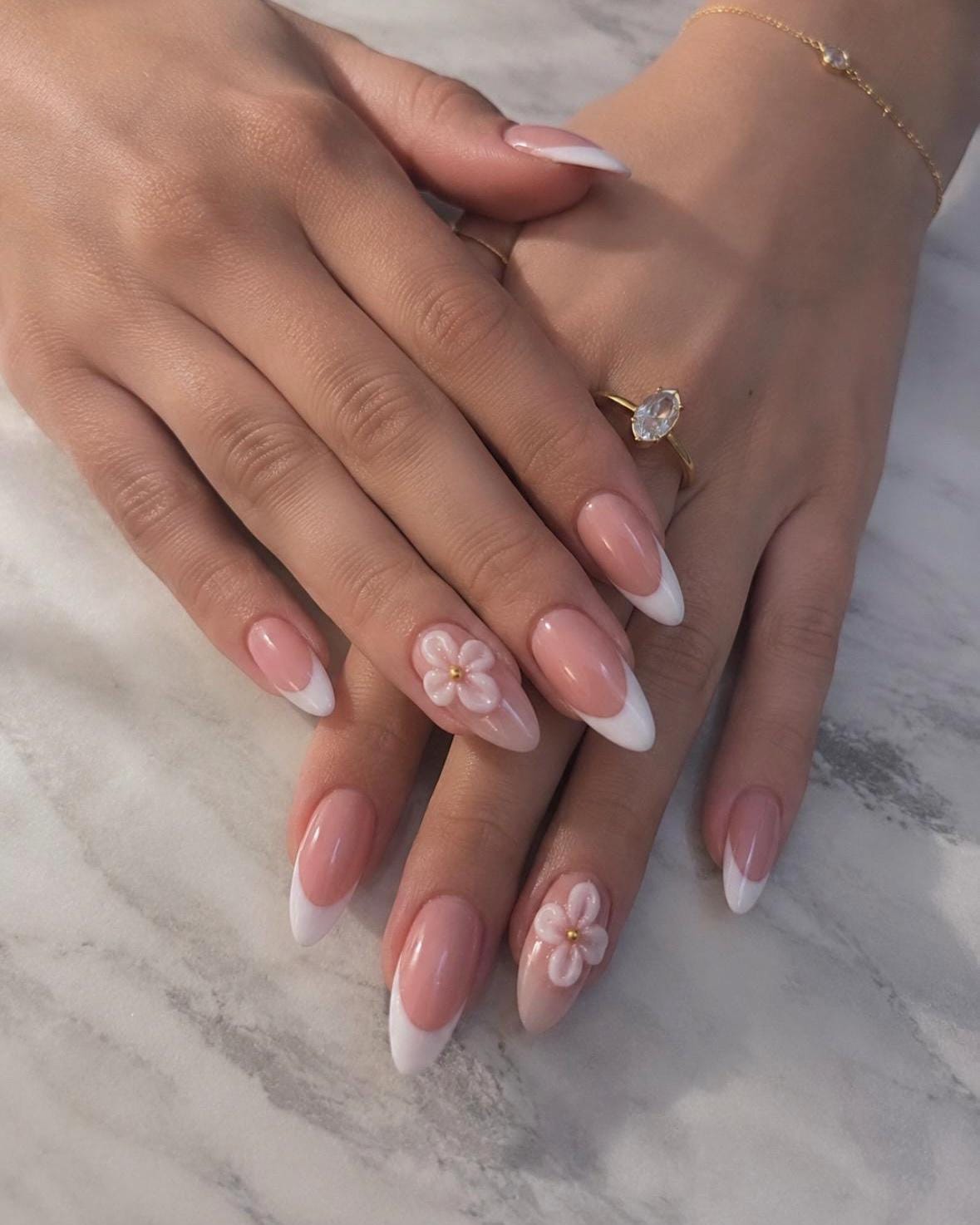 Hand-painted French Tip Press on Nails with 3D flower Custom Press On Nails Reusable Nails Set of 10 UK Seller