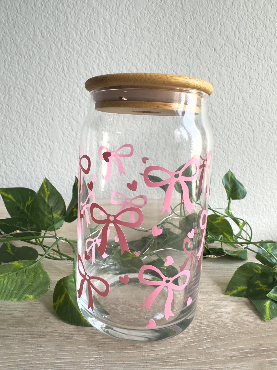 Pink Bows With Hearts Glass Tumbler With Lid and Straw, Coquette Bows ...