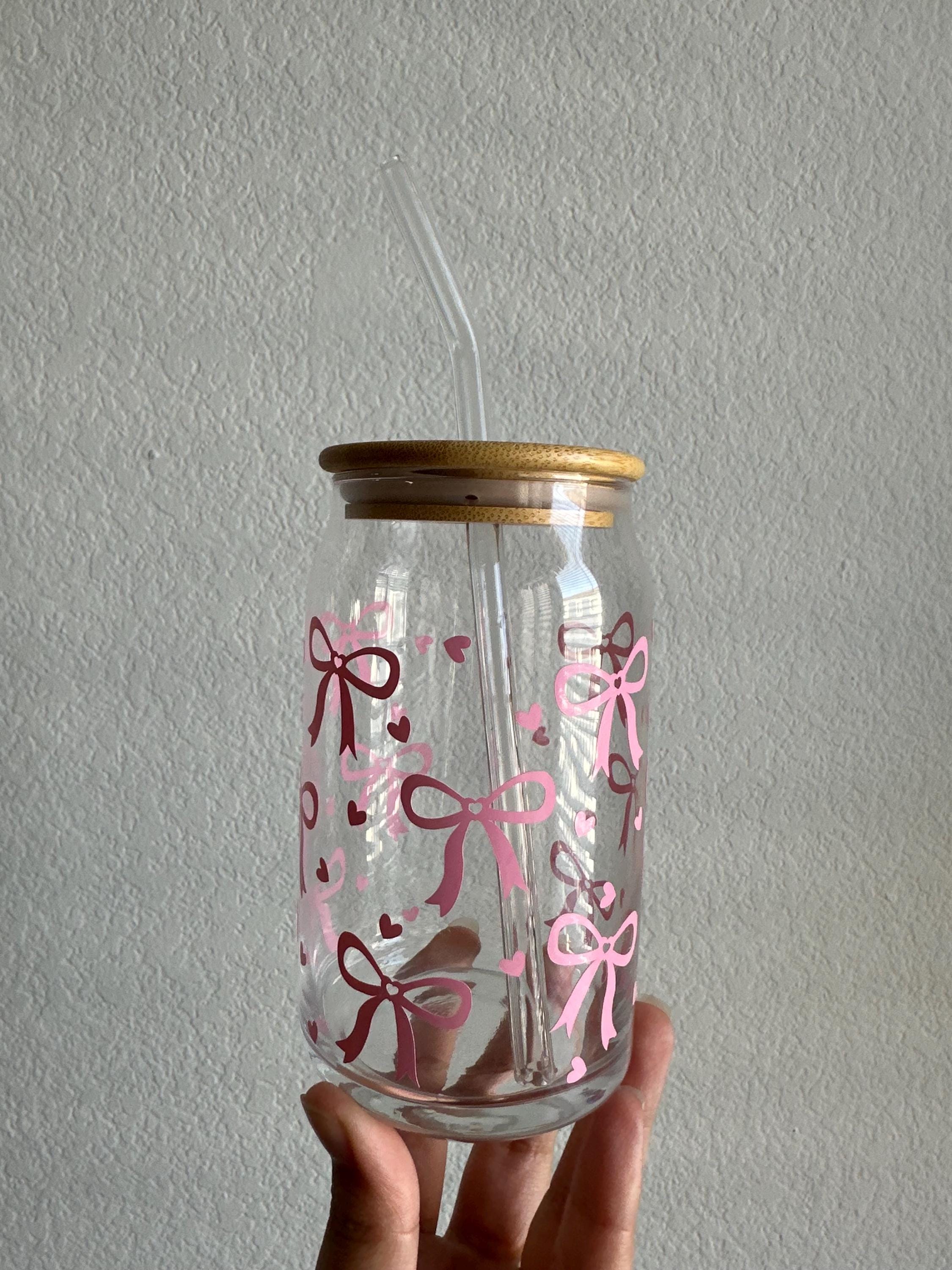 Pink Bows With Hearts Glass Tumbler With Lid and Straw, Coquette Bows ...