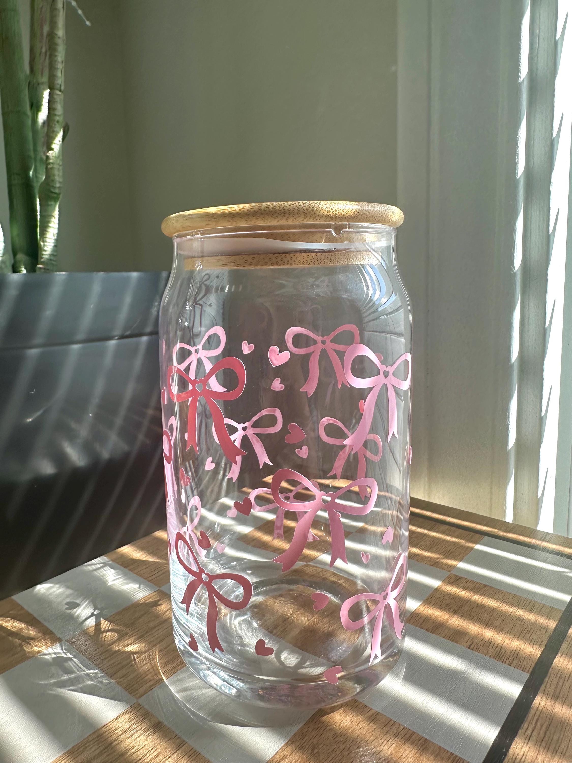 Pink Bows With Hearts Glass Tumbler With Lid and Straw, Coquette Bows ...