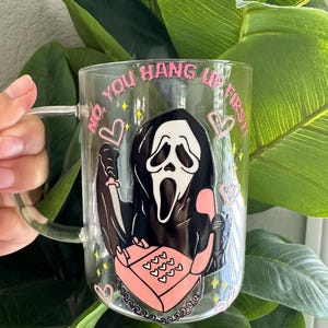 Cute Ghostface Glass Mug Spooky Season Gift Halloween Coffee Mug Scream Glass Mug Halloween Gift for Her No You Hang Up Mug Horror Movie