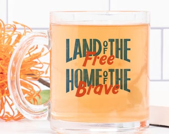 Land Of The Free Glass Mug, Vintage 4th Of July Doodle Patriotic Coffee Cup