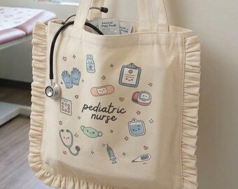 Cream Pediatric Nurse Ruffle Cotton Canvas Tote Bag, Kawaii Stethoscope, Flat Carryall