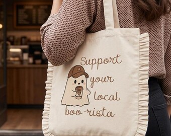 Support Your Local Barista Halloween Ruffle Canvas Tote Bag, Fall Coffee Lover Gift