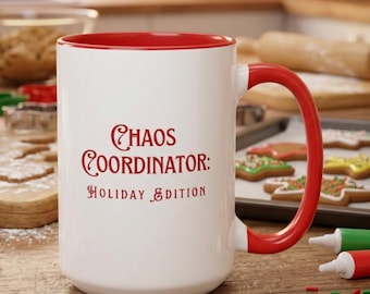 Chaos Coordinator Holiday Mug, Personalized Mom Christmas Gift, Red Handle Ceramic Coffee Cup