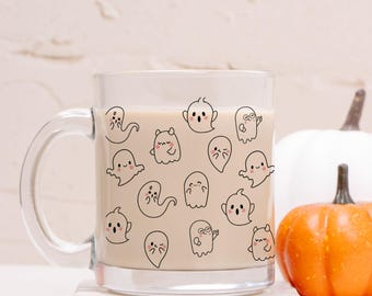 Ghost Glass Mug, Kawaii Doodle Spooky Halloween Coffee Cup