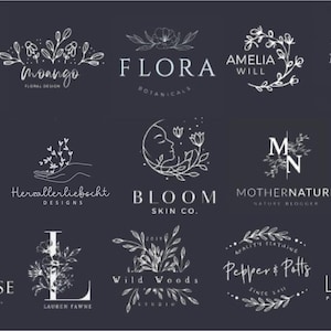 May include: A selection of white line art logos on a dark background. The logos feature floral designs, text, and various illustrations, including a house, trees, and a crescent moon with a face. The logos are for businesses.