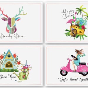 Può includere: Quattro cartoline di auguri colorate con diversi design. La prima cartolina presenta un cervo geometrico con il testo "Dearly Deer". La seconda cartolina presenta un fenicottero rosa con il testo "Happy Clicks". La terza cartolina presenta una piccola casa con il testo "Sweet Home". La quarta cartolina presenta una donna che guida uno scooter rosa con il testo "Let's travel together".