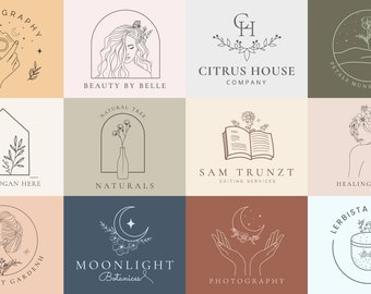 Puede incluir: Una colección de 10 diseños de logo minimalistas con ilustraciones de línea de flores, plantas, manos, una casa, un libro, una luna, una taza y una cámara. Los logotipos son de varios colores y estilos, y todos están sobre un fondo blanco.