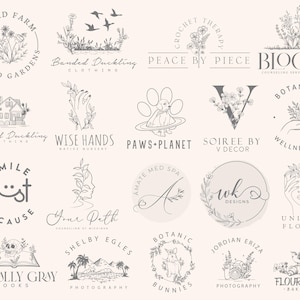 Könnte beinhalten: Eine Sammlung minimalistischer Logo-Designs in einer neutralen Farbpalette. Die Logos zeigen botanische Illustrationen, Tiere und Text, darunter "Bradford Farm", "Banded Duckling", "Peace by Piece" und "Bloom". Die Designs eignen sich für verschiedene Unternehmen.