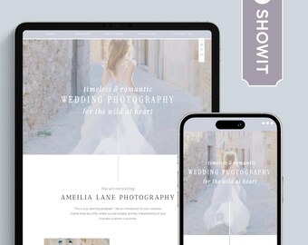 May include: Website screenshot showing a wedding photographer's portfolio. The website features a light blue background with a photo of a bride in a white dress walking down a street. The text "timeless & romantic WEDDING PHOTOGRAPHY for the wild at heart" is displayed in a white font.